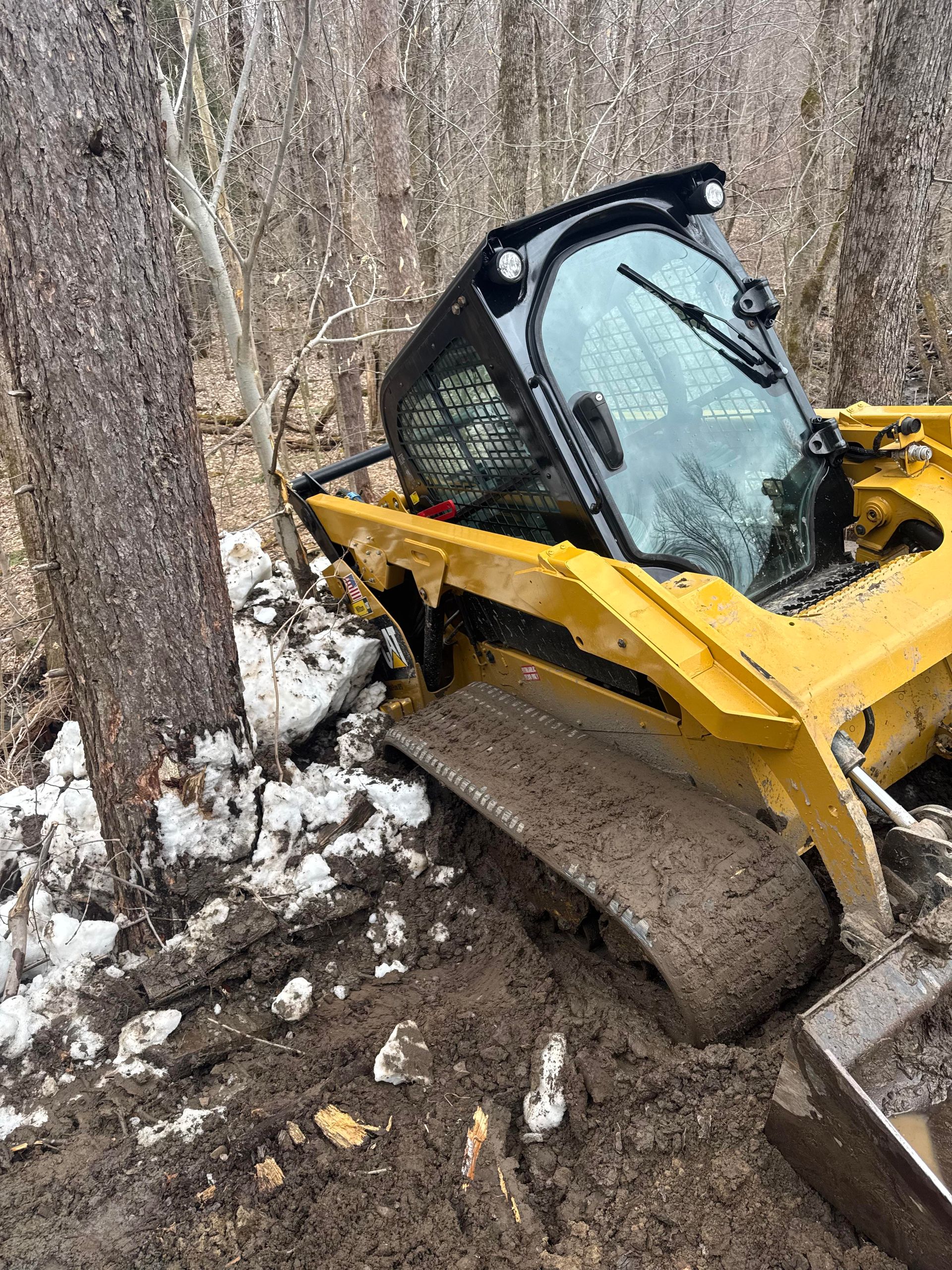 Yellow skid steer stuck in muddy terrain next to a tree, with snow patches.