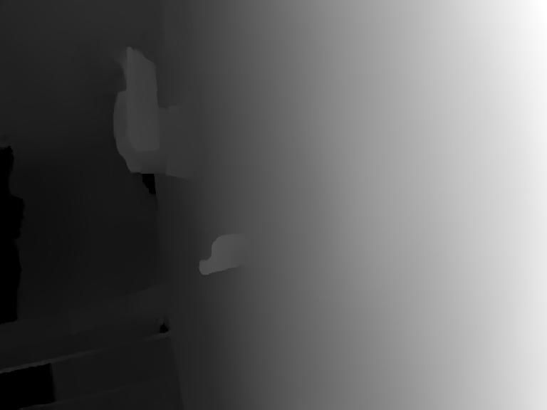Grayscale depth map of a room, showing objects closer as darker and further objects as lighter.