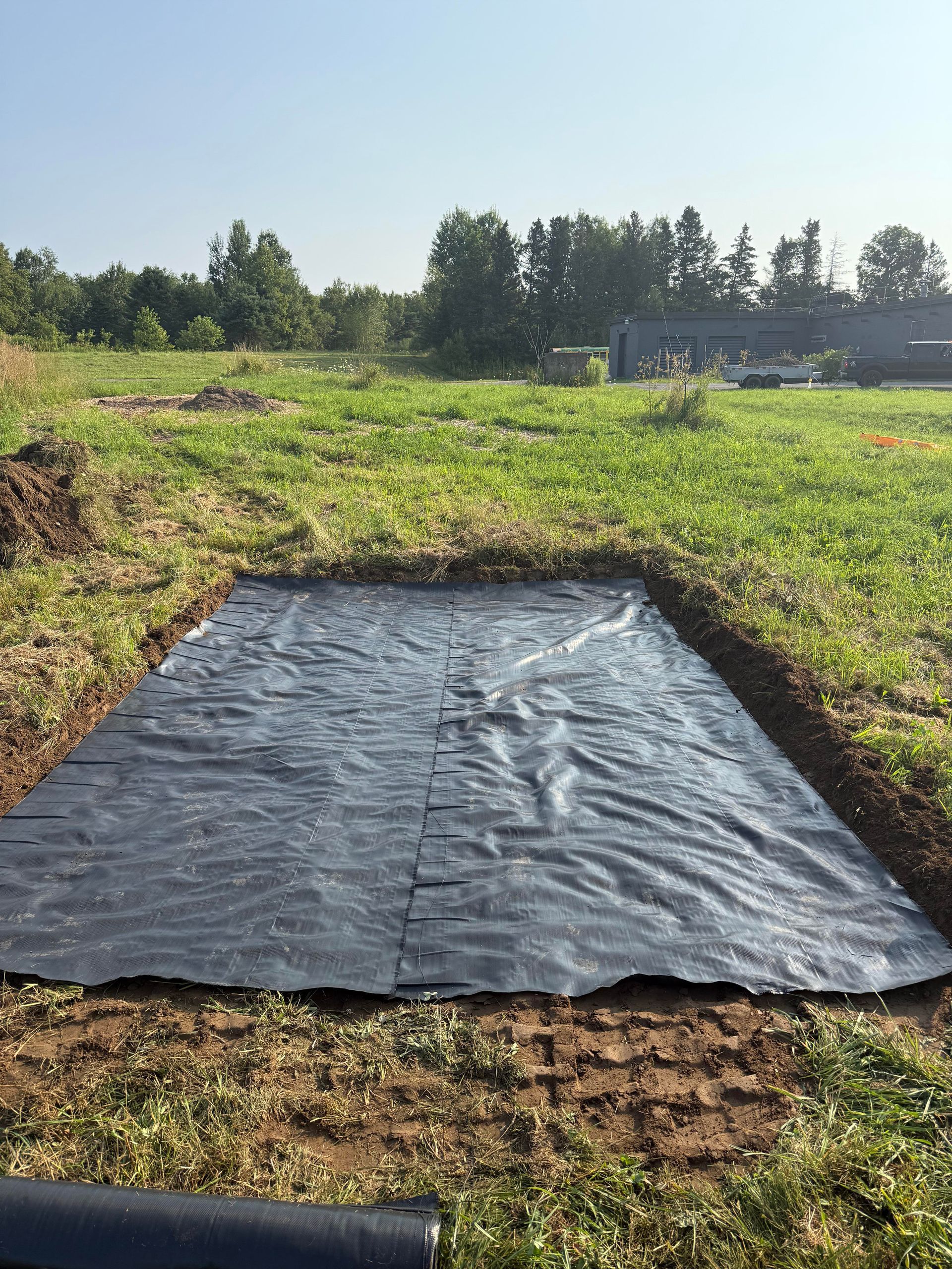 Black landscape fabric laid in a prepared rectangular garden bed, in a grassy field, under a sunny sky.