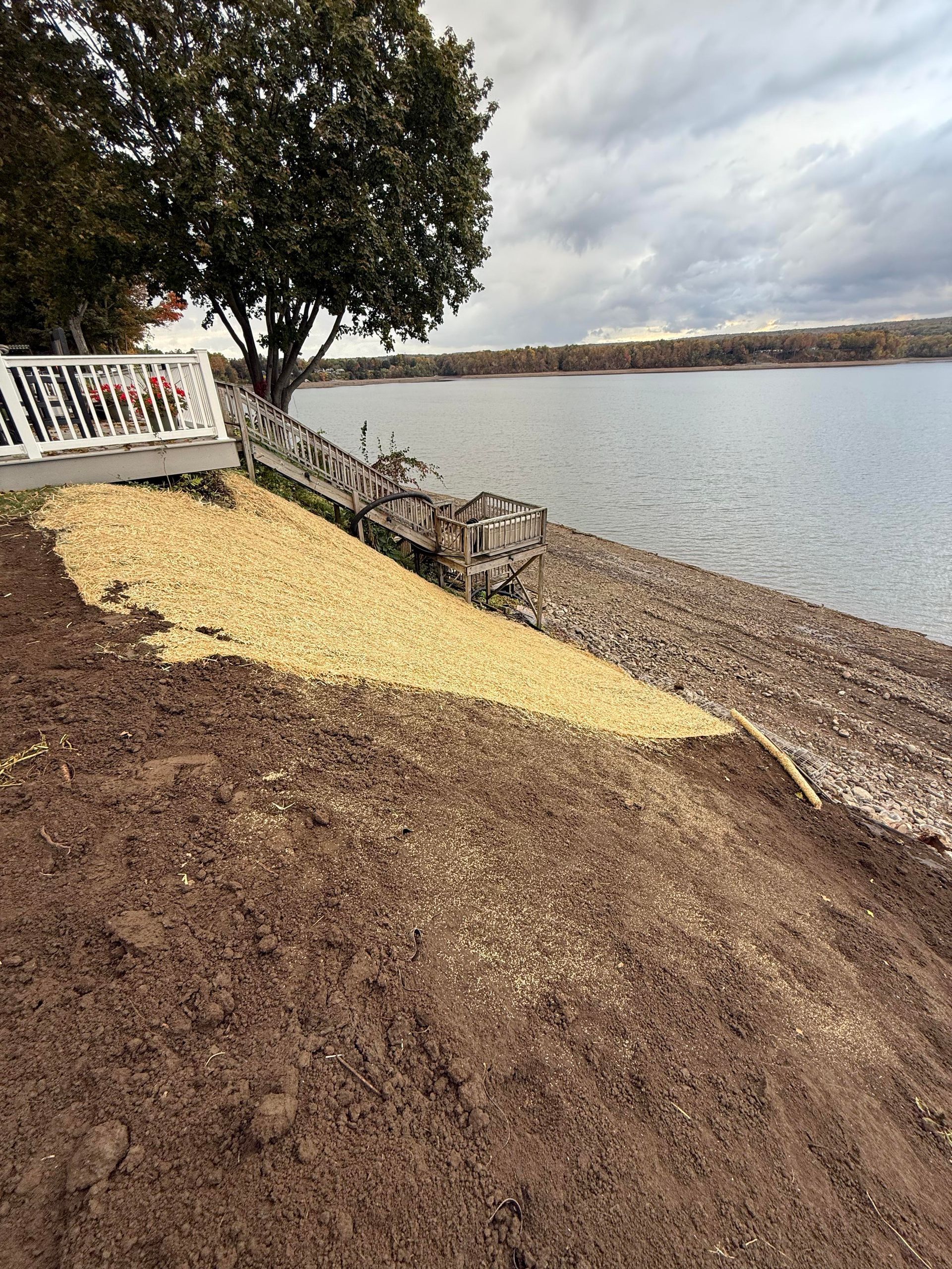Lawn sloping to water, with gravel, dirt, and a deck. Cloudy day, tree, and shoreline visible.