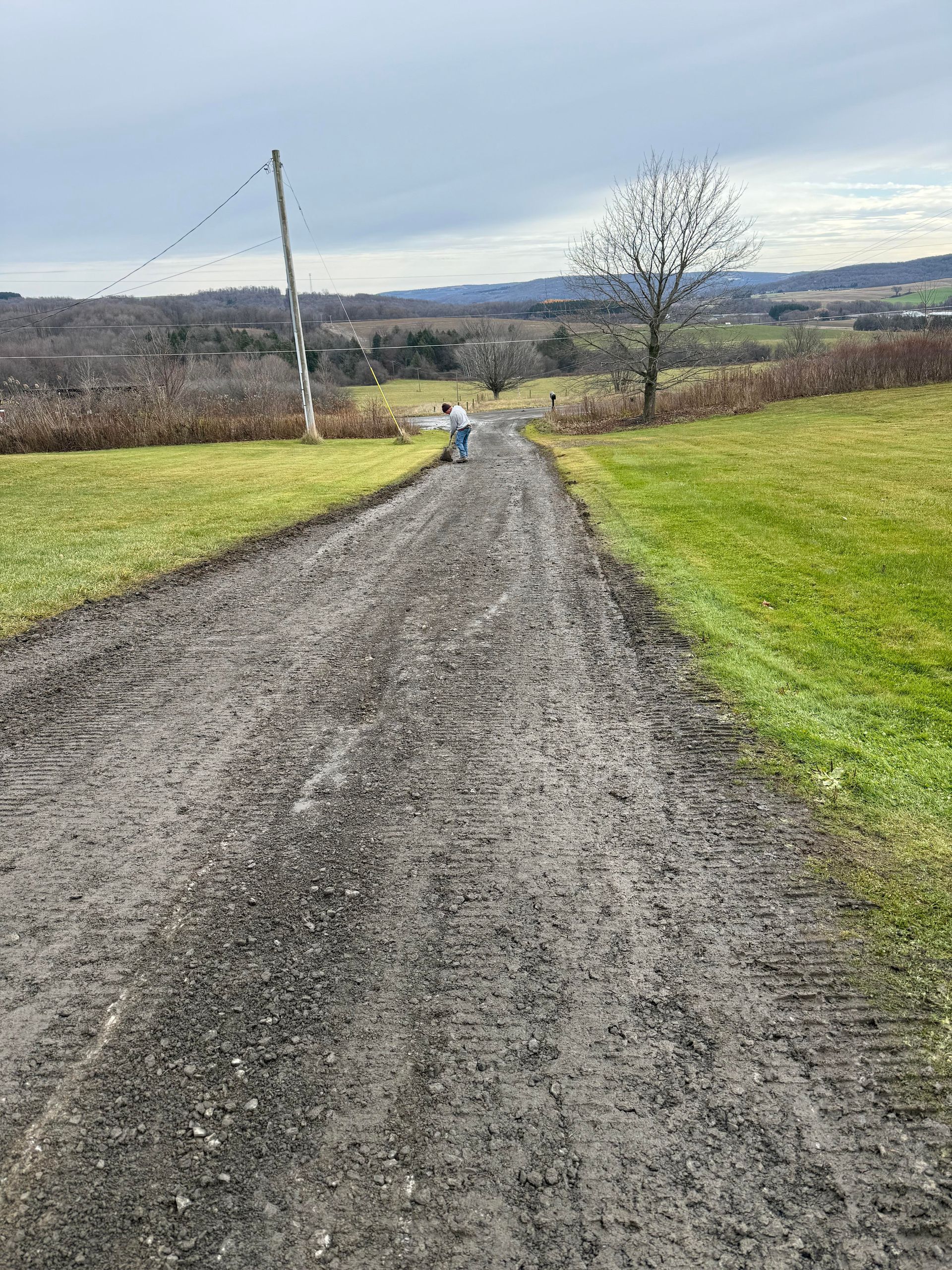 Muddy dirt road through green fields, person walking, power lines, and distant hills. Overcast sky.