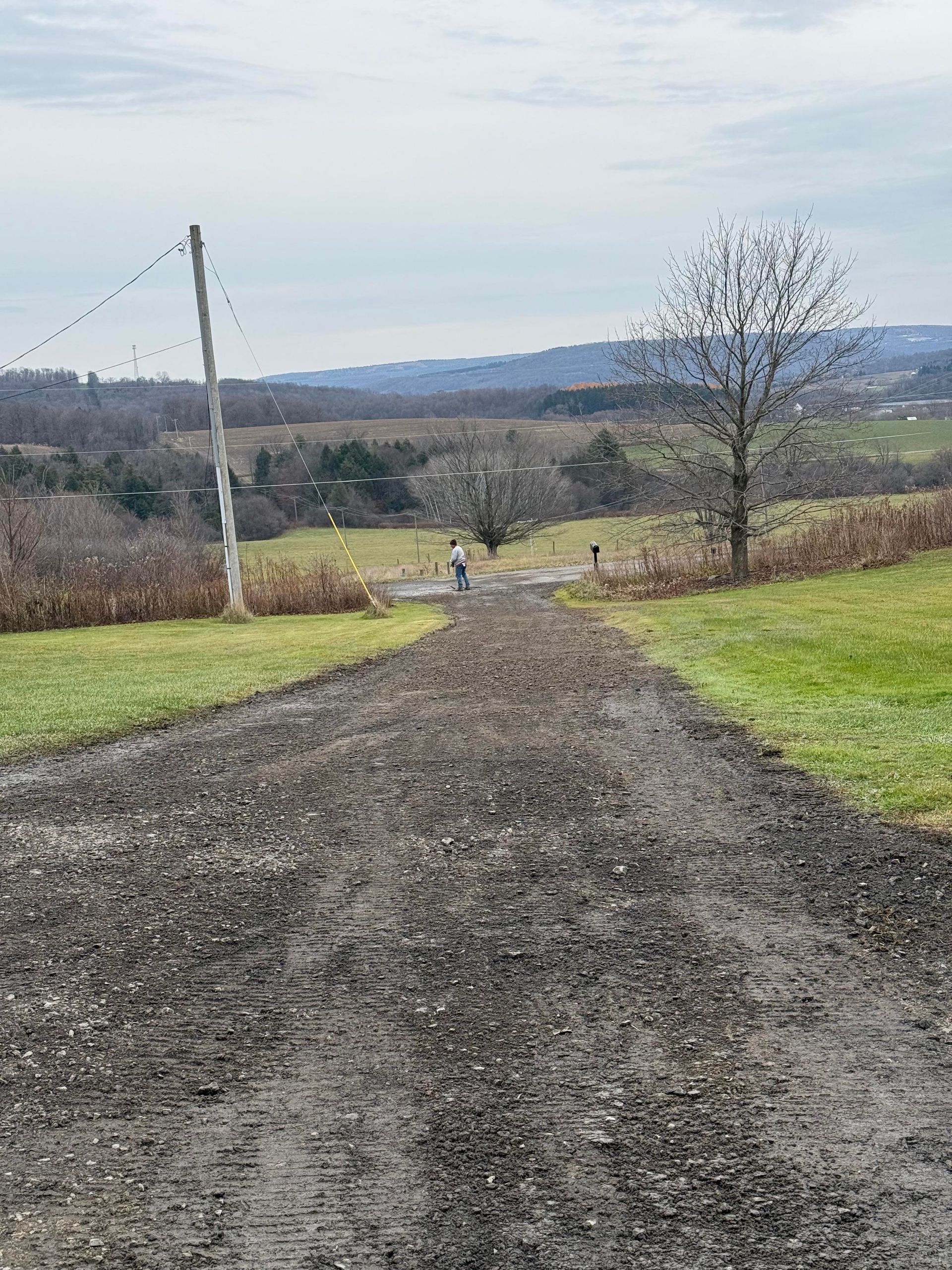 Gravel driveway leads toward a person near a gate. Rolling hills, trees, and cloudy sky in background.