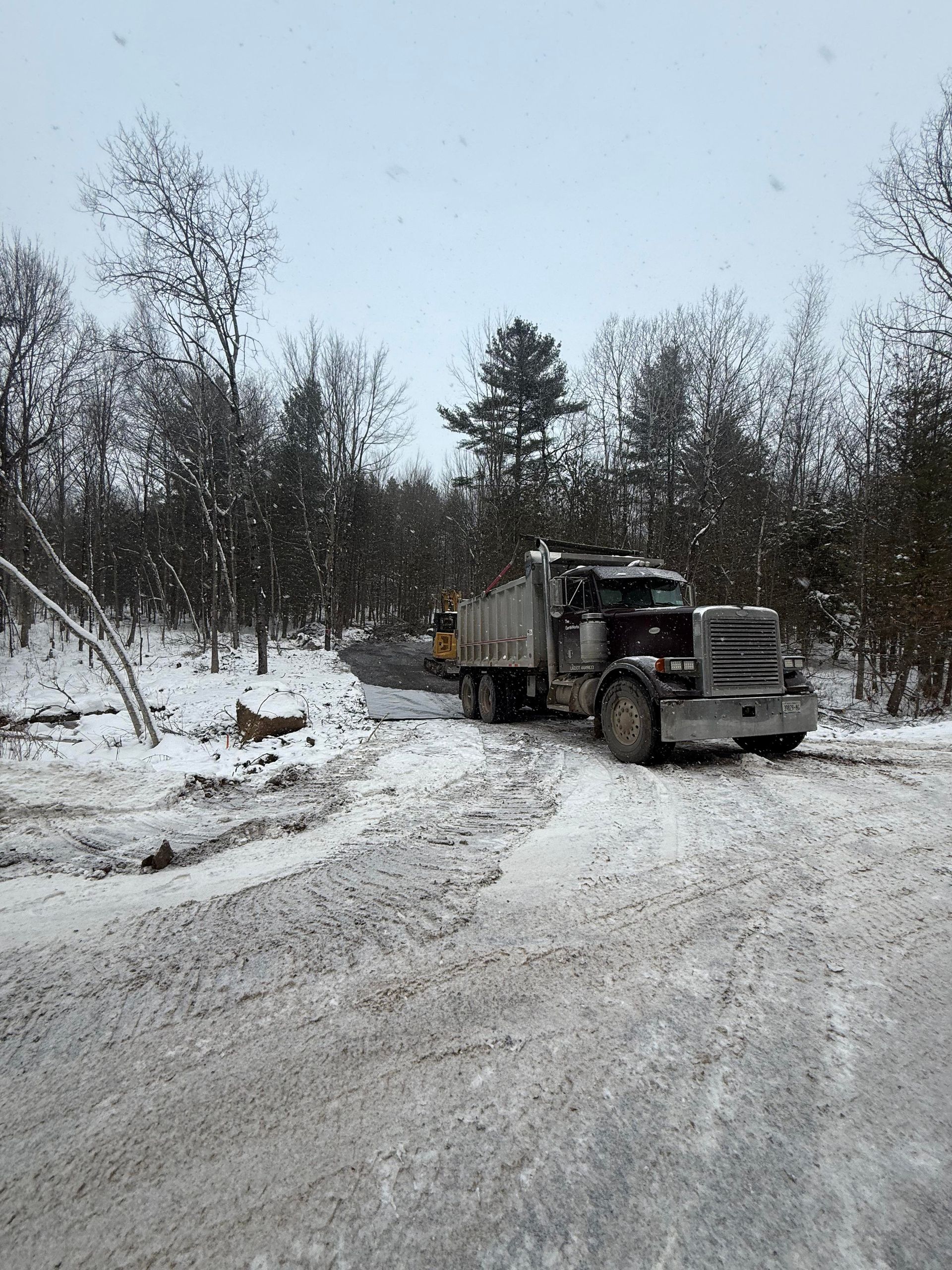 Semi-truck parked on snowy road in a forest.