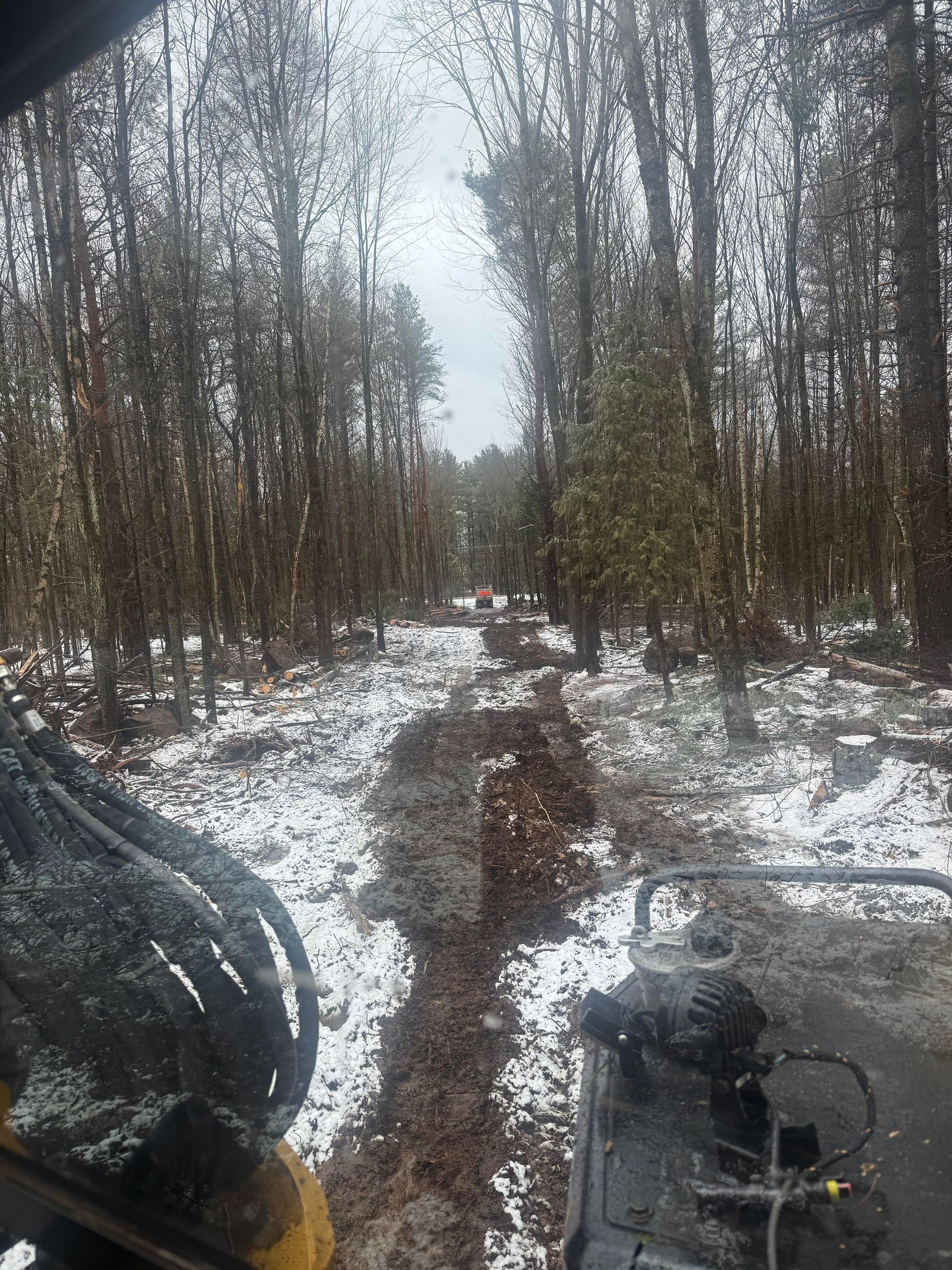 A muddy path through snow-covered woods, seen from the cab of a machine.