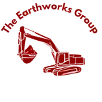 The earthworks group logo is a red excavator with a bucket full of dirt.