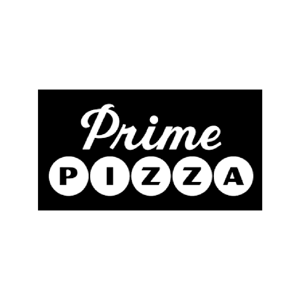 A black and white logo for a pizza restaurant called prime pizza.