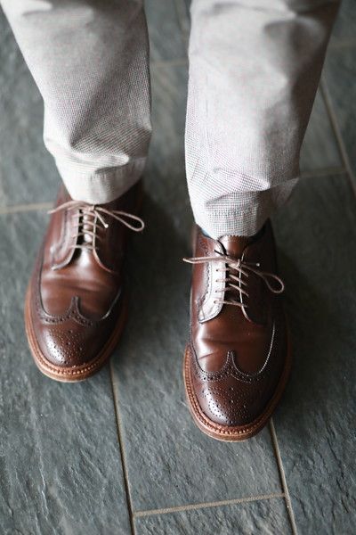 A pair of brown shoes on a person 's feet