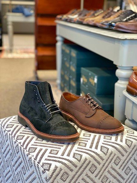 A pair of shoes sitting on top of a table in a store.