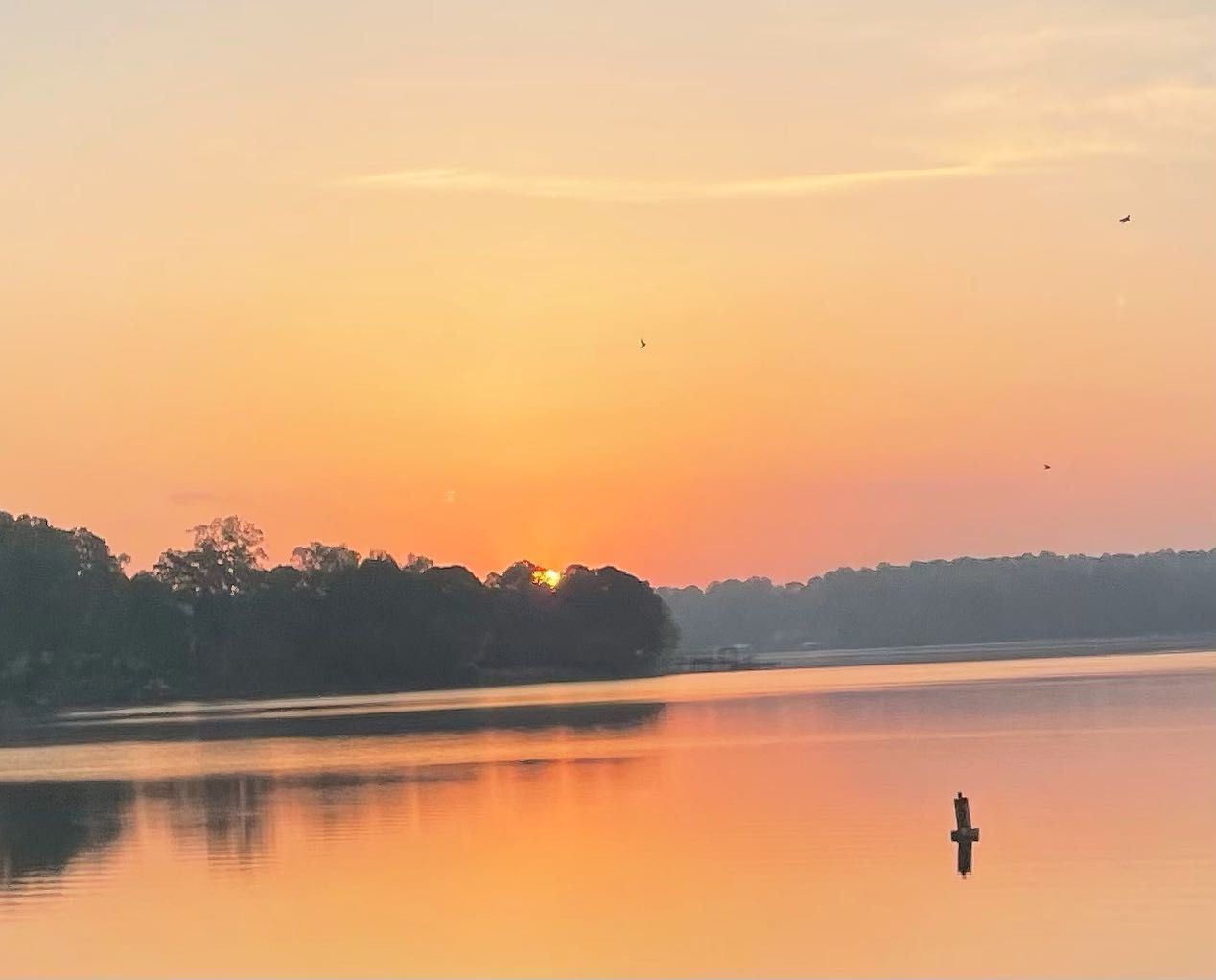 A sunset over Lake Norman with trees in the background