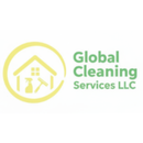 Logo for Global Cleaning Service LLC, features a house outline with a teal brush, gold cursive text.