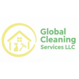 Logo for Global Cleaning Service LLC, features a house outline with a teal brush, gold cursive text.