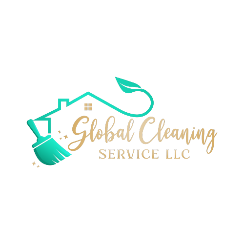 Logo for Global Cleaning Service LLC, turquoise brush and house icon, gold script text, teal leaf.