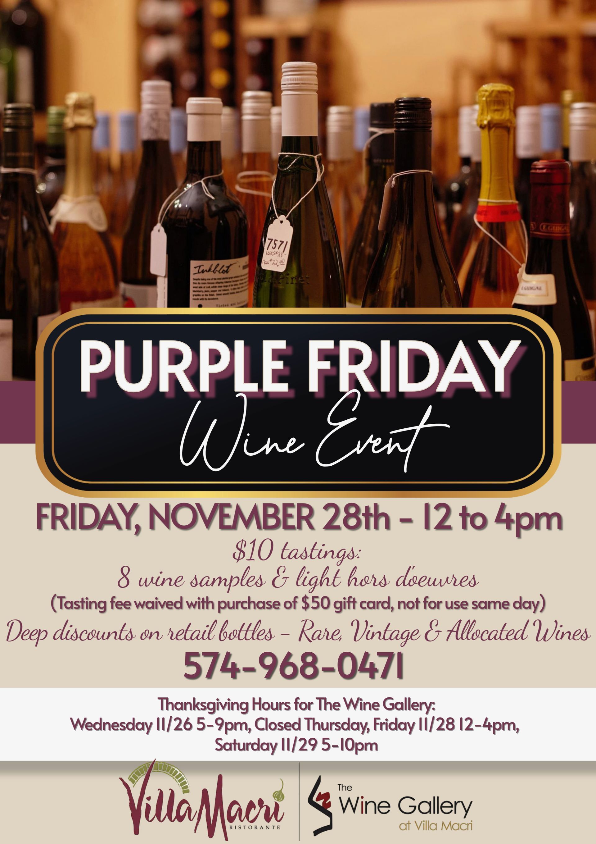 Purple Friday wine event flyer: November 28th, 12-4pm. Wine tasting and gifts. Phone number and hours listed.
