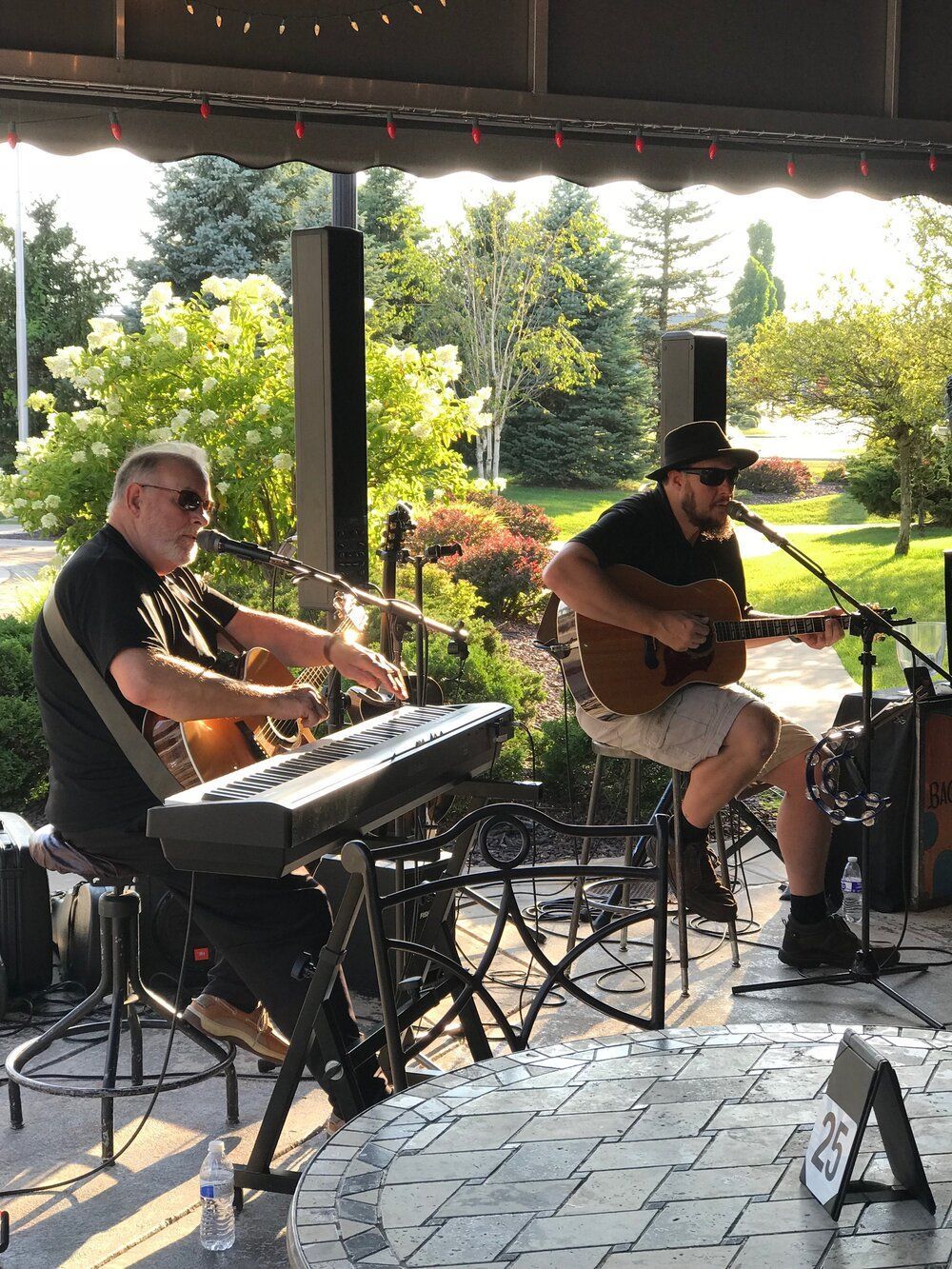Two men are playing instruments and singing into microphones on a stage.