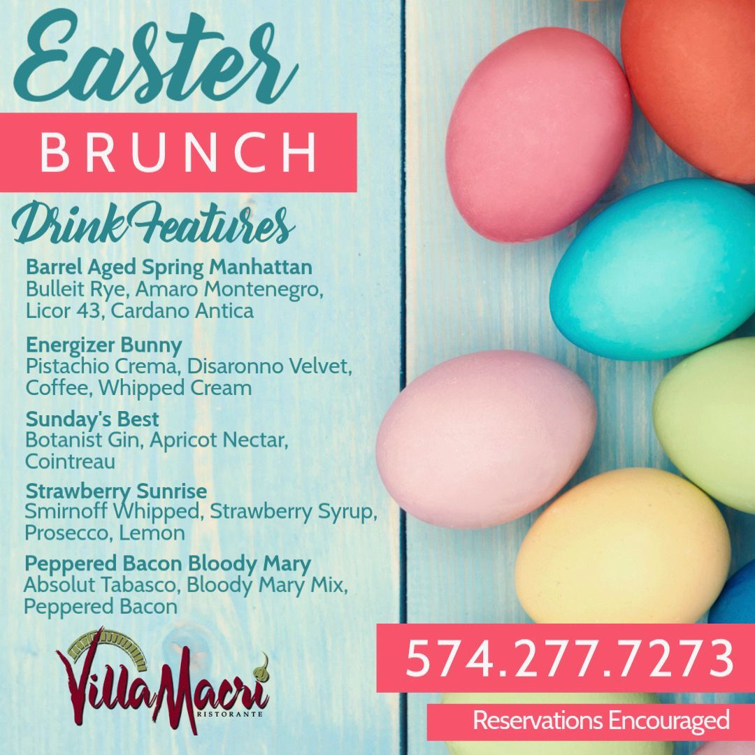 Easter Brunch menu for Villa Macri featuring drink specials and a phone number for reservations on a blue wooden background.