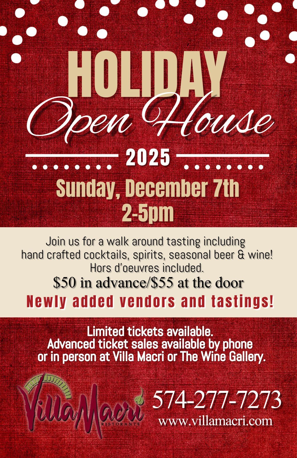 Holiday Open House flyer for Villa Macri: December 7, 2025, 2-5pm, with tastings. Red background, white text.