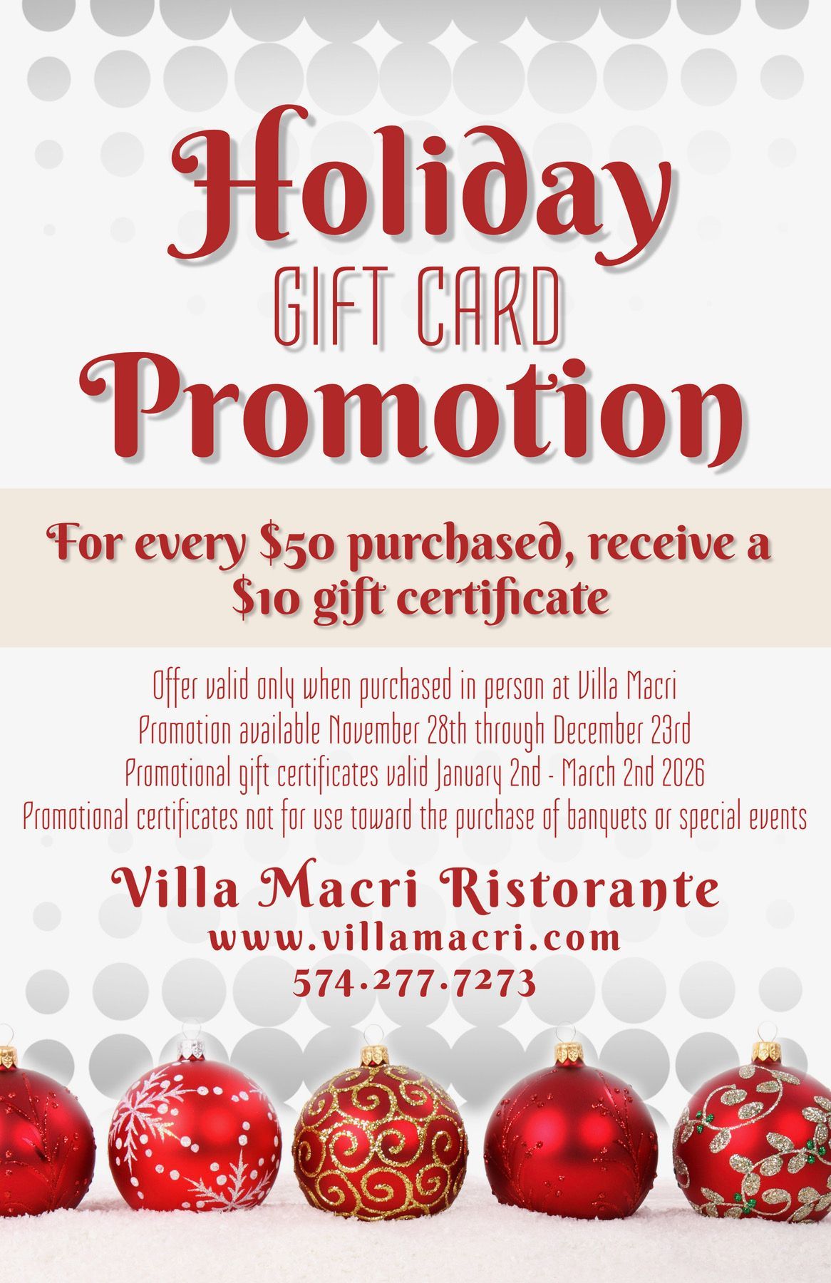 Holiday gift card promotion for Villa Macri Ristorante: buy $50, get $10 certificate. Features red ornaments and a website.