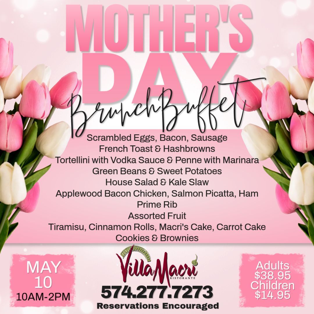 Mother’s Day brunch flyer with pink tulips and buffet menu at Villa, May 10, 9AM-2PM.