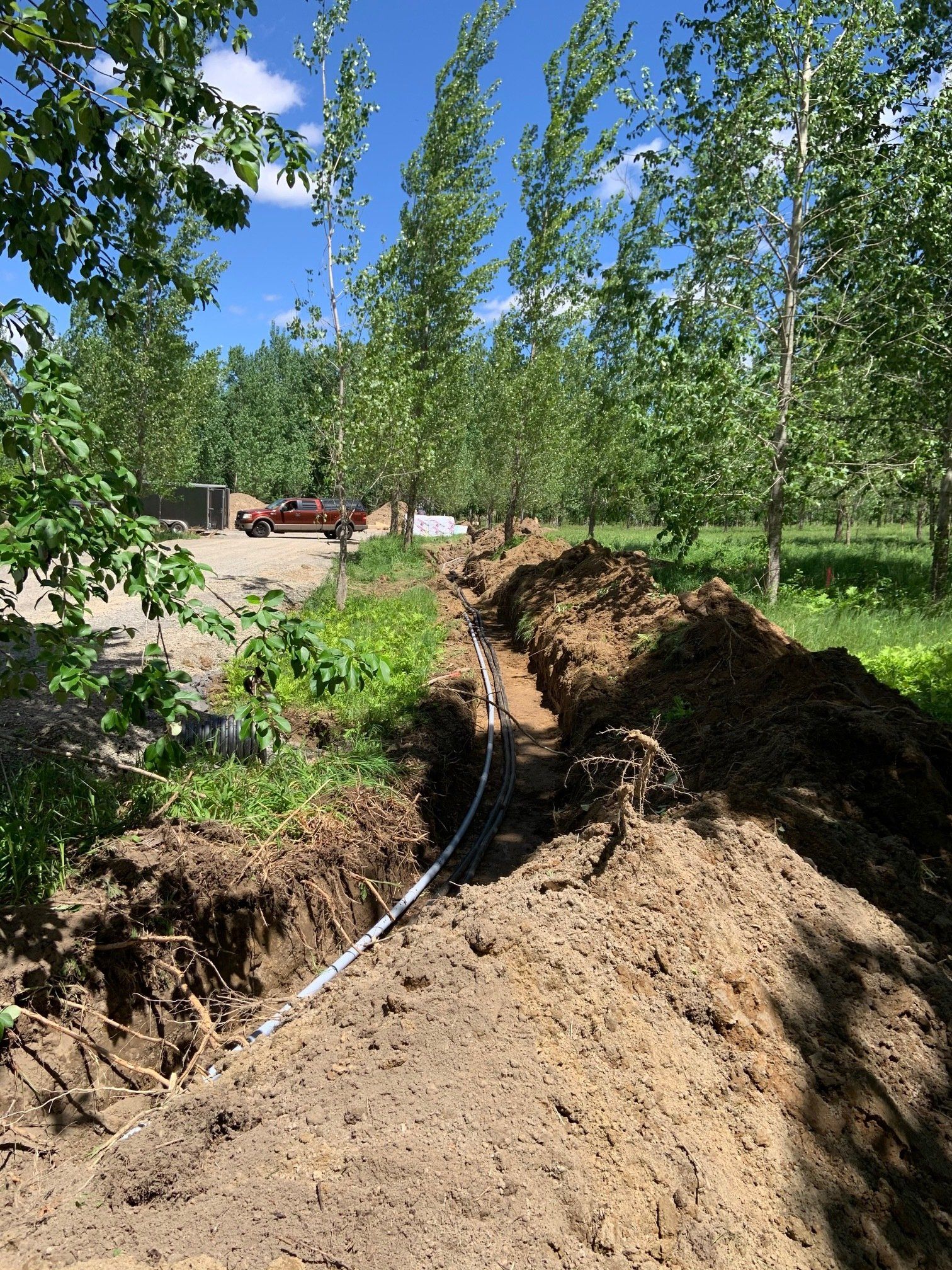 Un tuyau est en train d'être installé dans la terre d'un champ.
