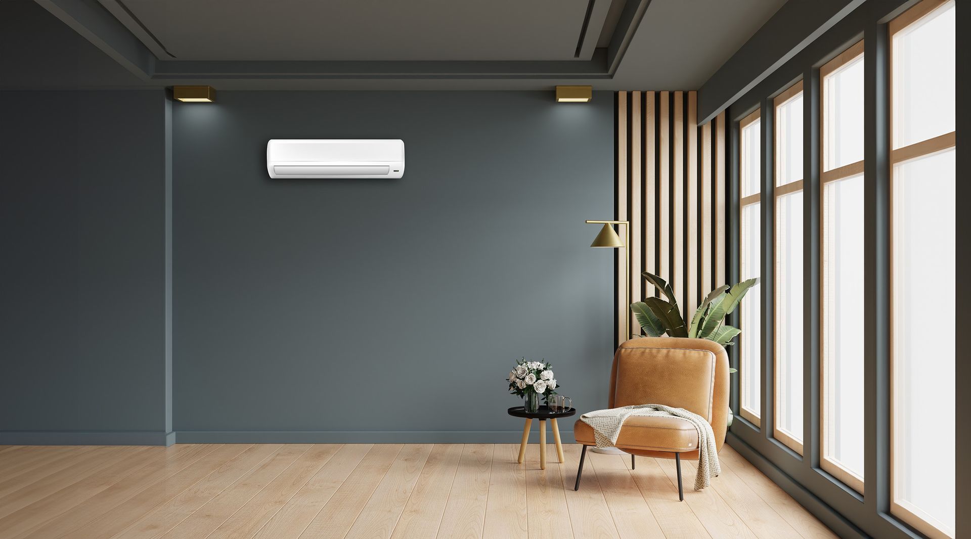 Un salon vide avec une chaise, une table et un climatiseur.