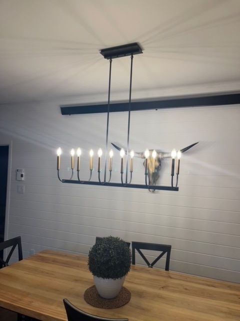 Une table de salle à manger avec une plante en pot et un lustre suspendu au plafond