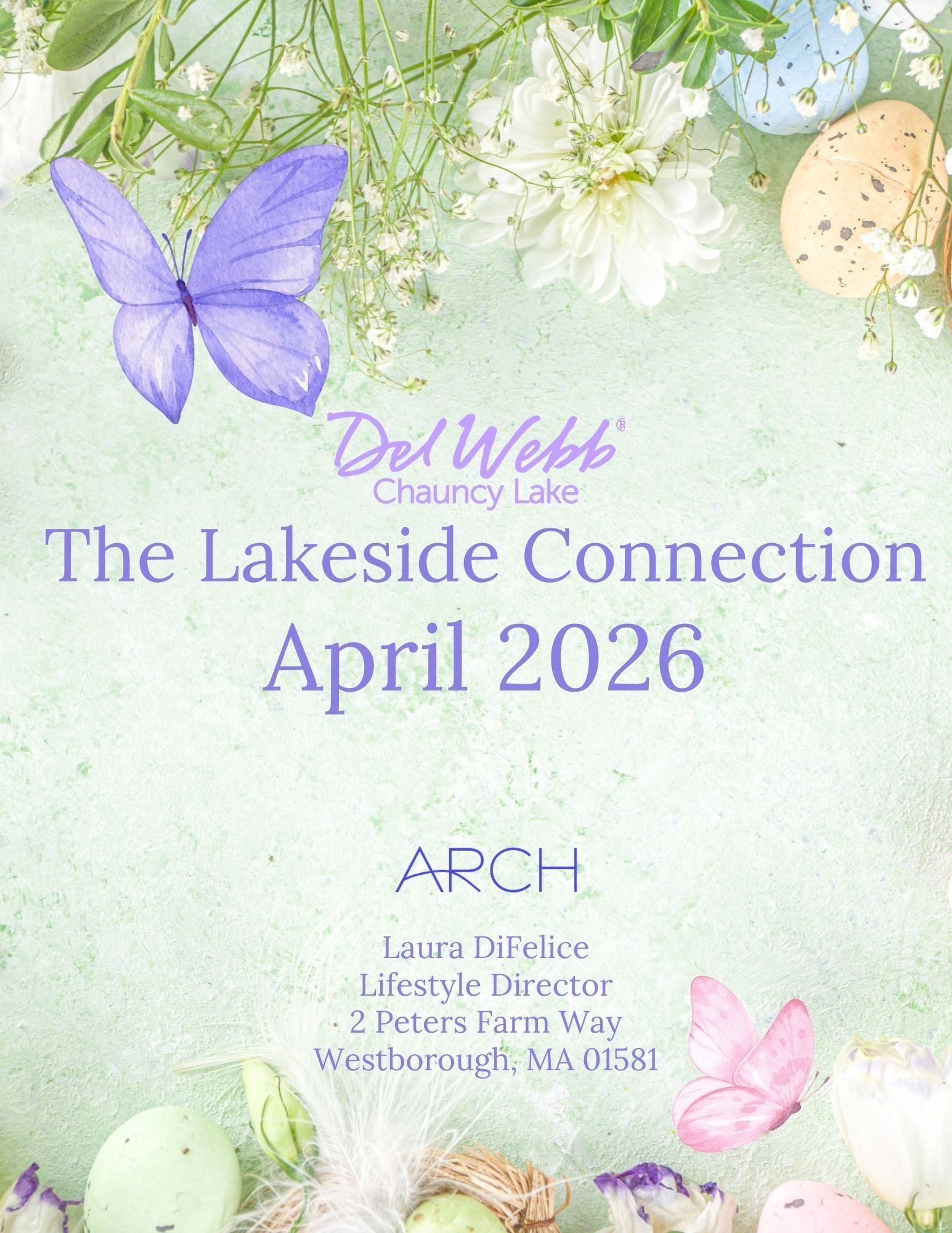 Del Webb Chauncy Lake April 2026 newsletter cover featuring spring flowers, butterflies, and eggs on a green background.