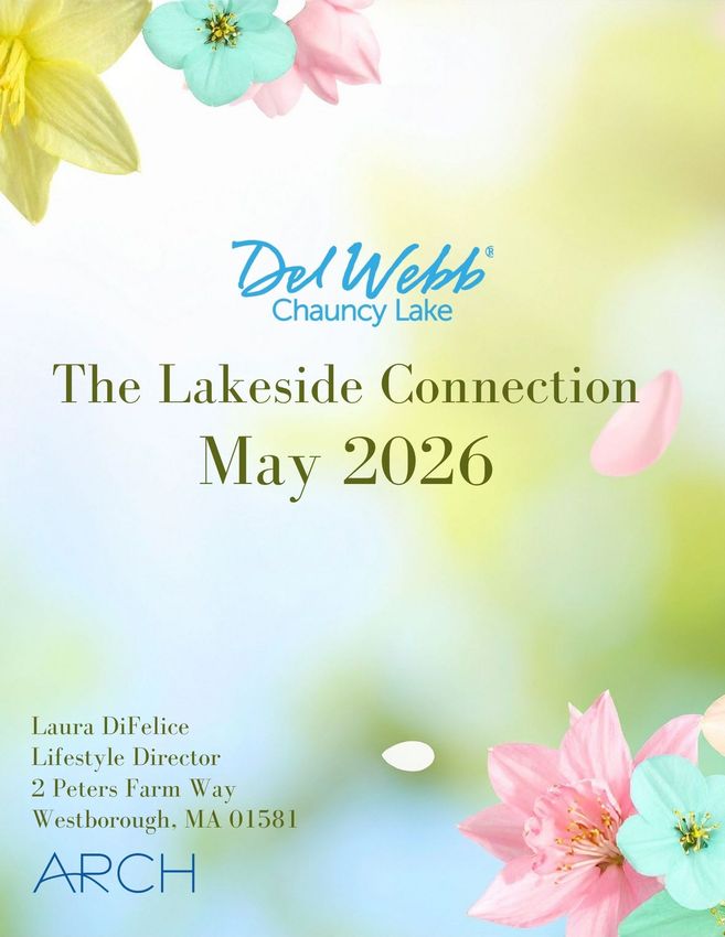 Del Webb Chauncy Lake May 2026 newsletter cover featuring spring flowers, butterflies, and eggs on a green background.