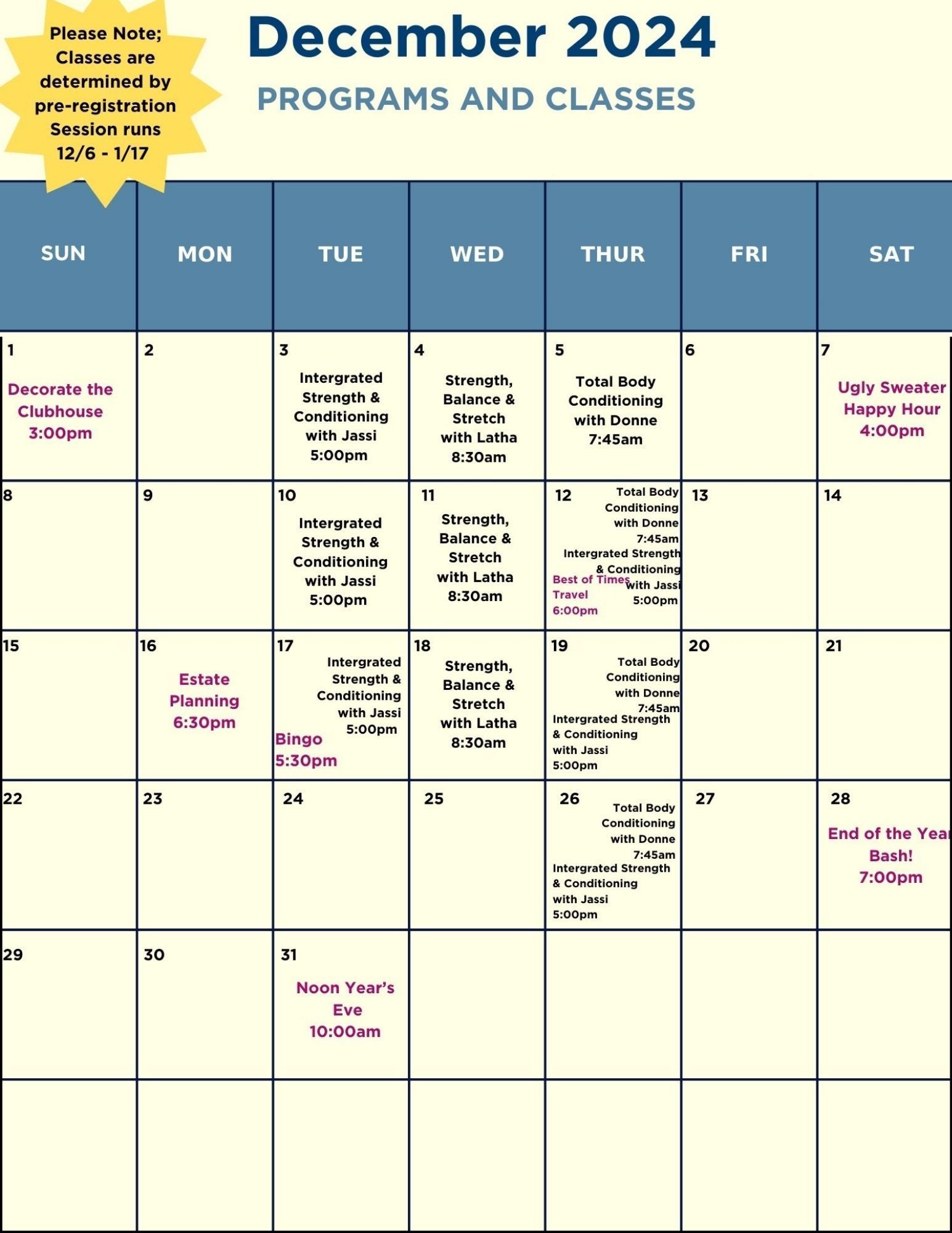 A calendar showing december 2024 programs and classes