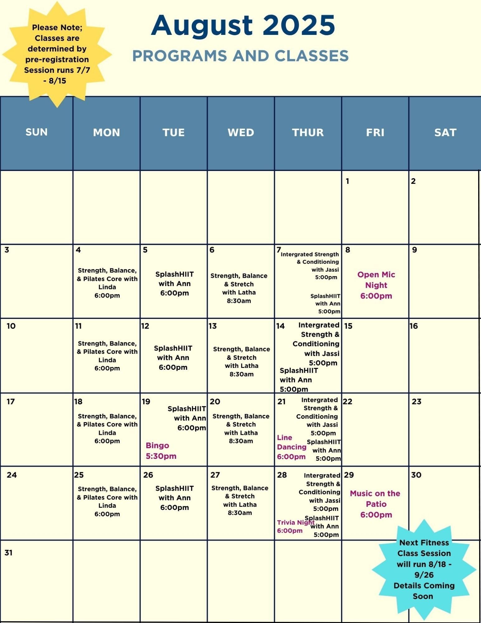 A calendar showing programs and classes