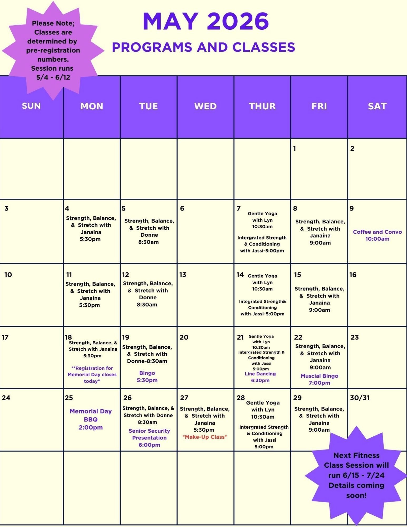 A calendar showing programs and classes