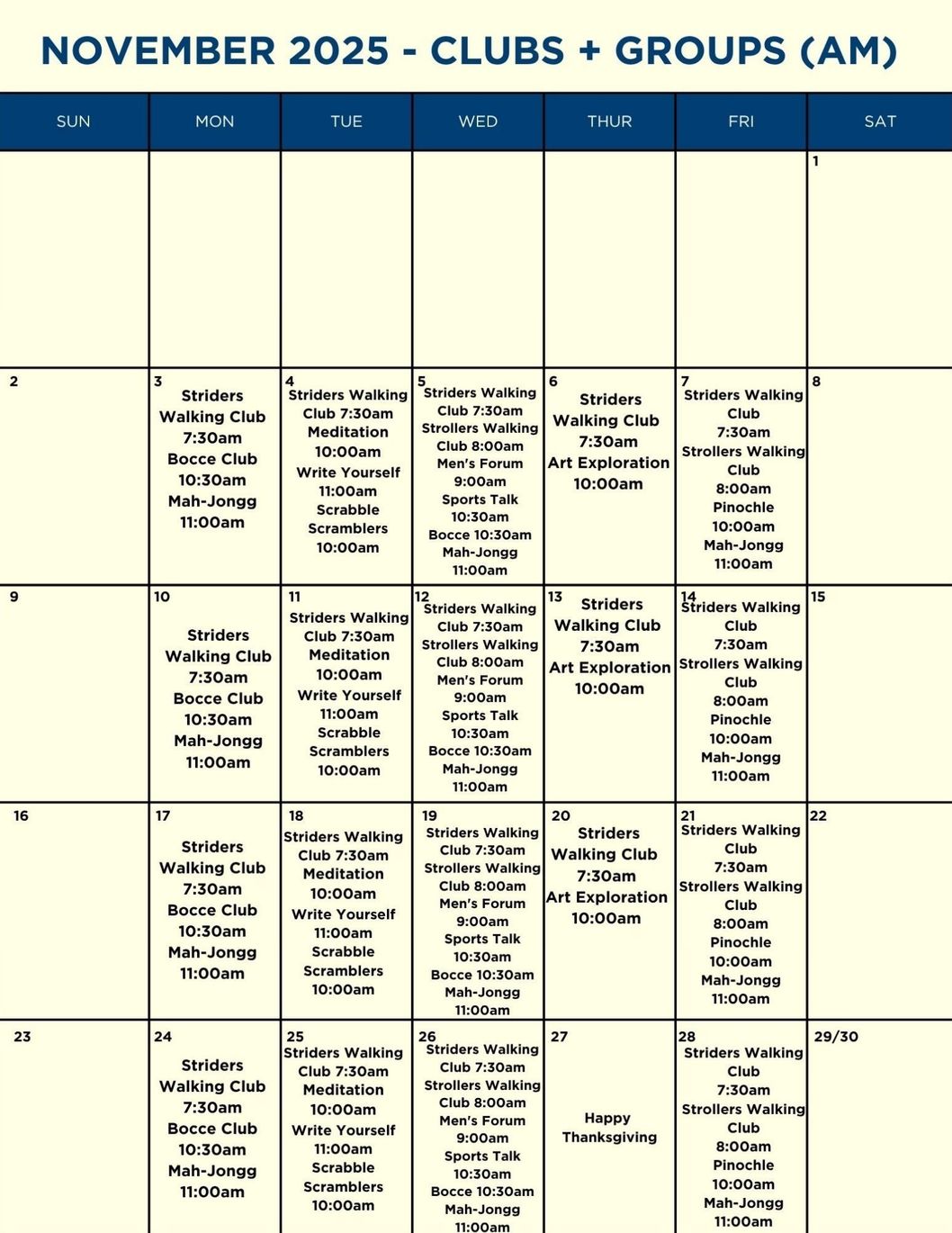 A calendar for shows clubs and groups