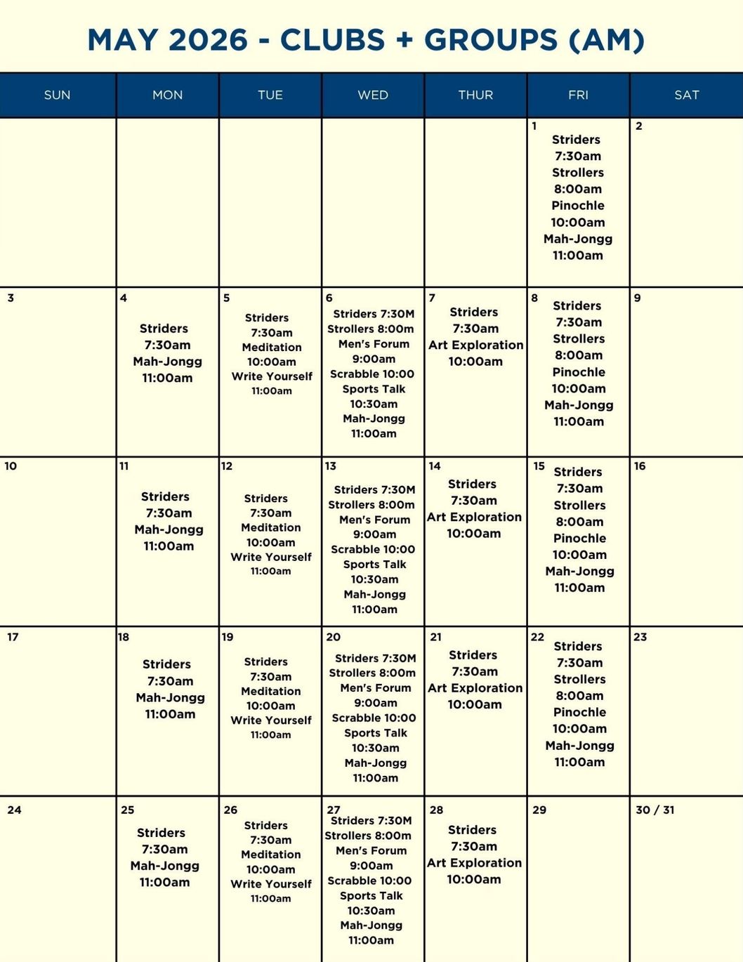 A calendar for shows clubs and groups
