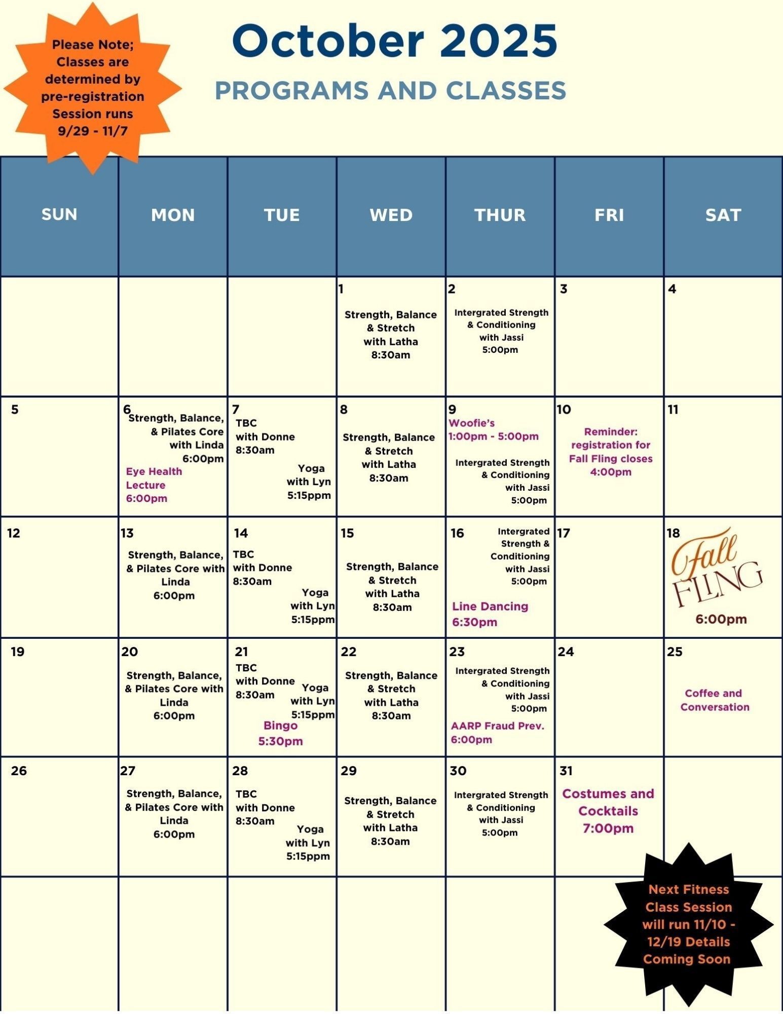 A calendar showing programs and classes