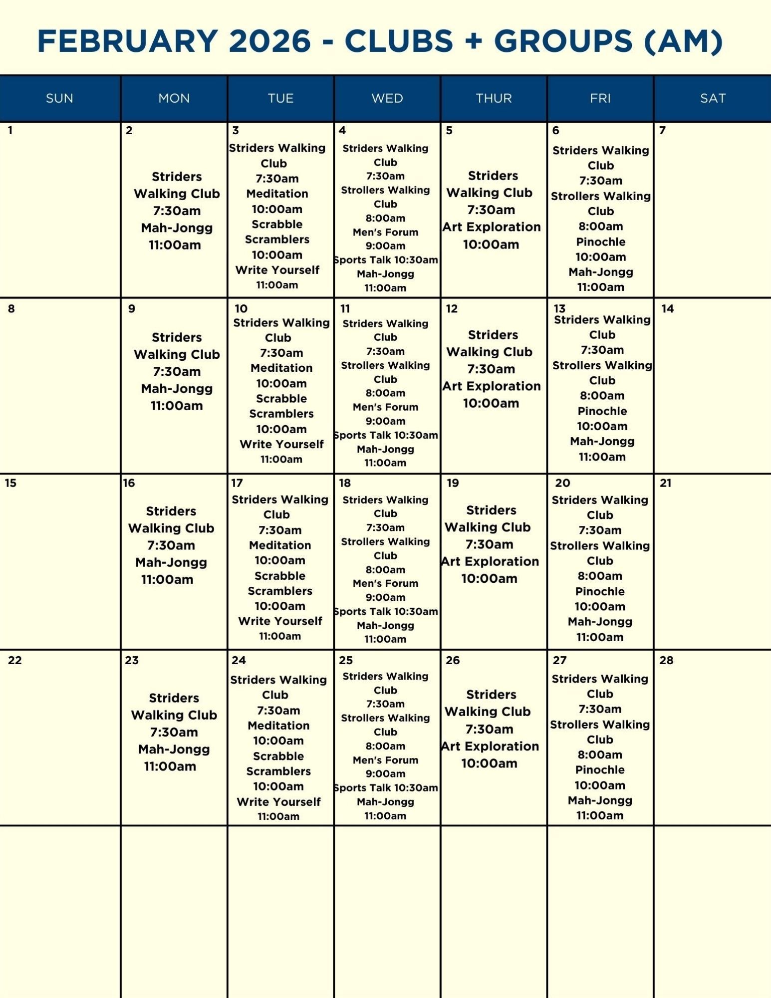 A calendar for shows clubs and groups