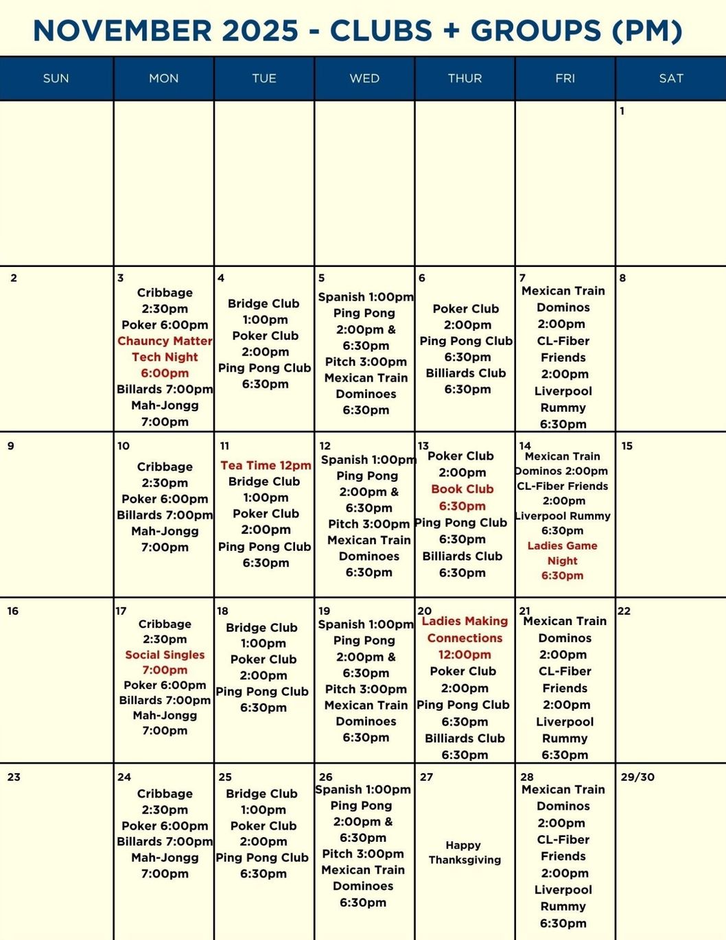 A calendar for July 2025 shows clubs and groups