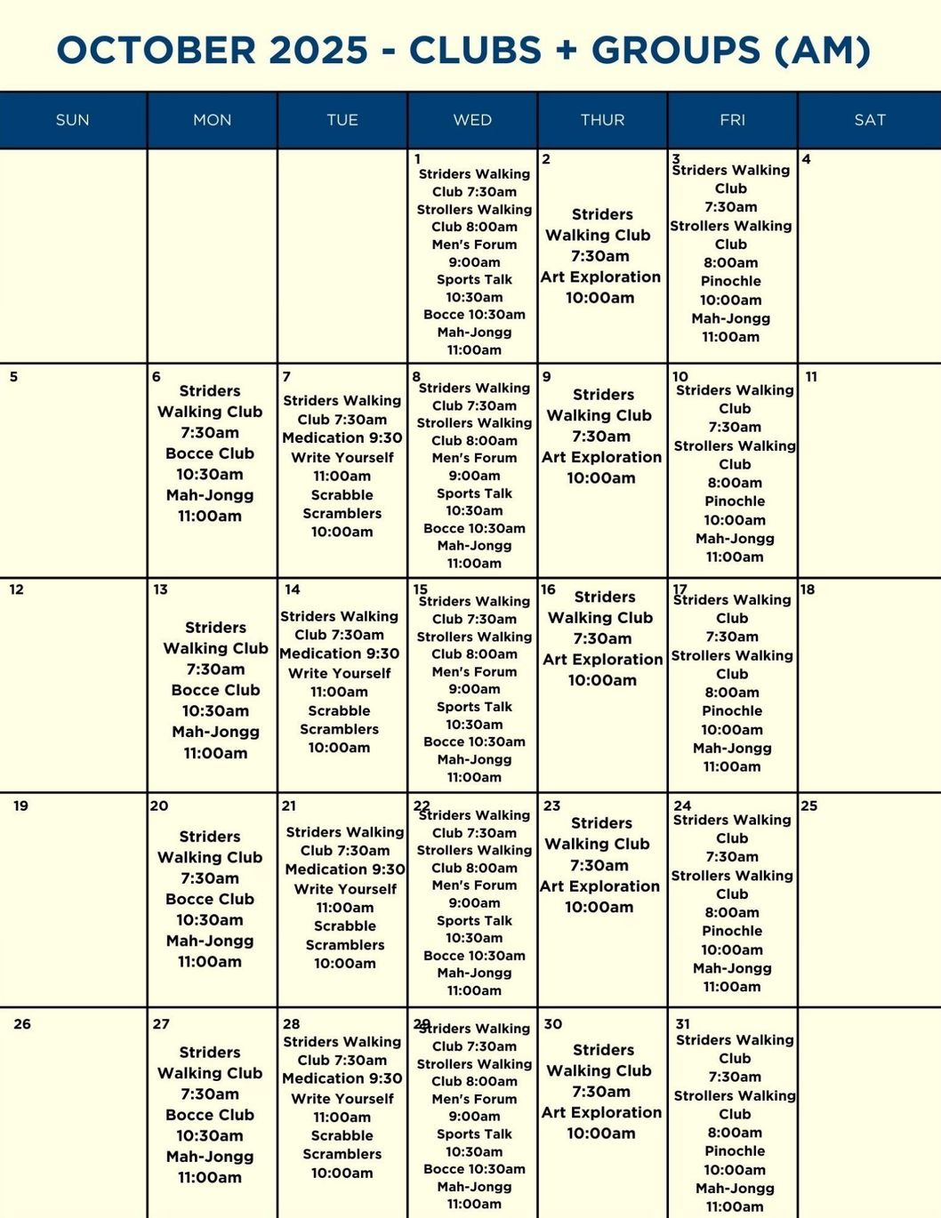 A calendar for shows clubs and groups