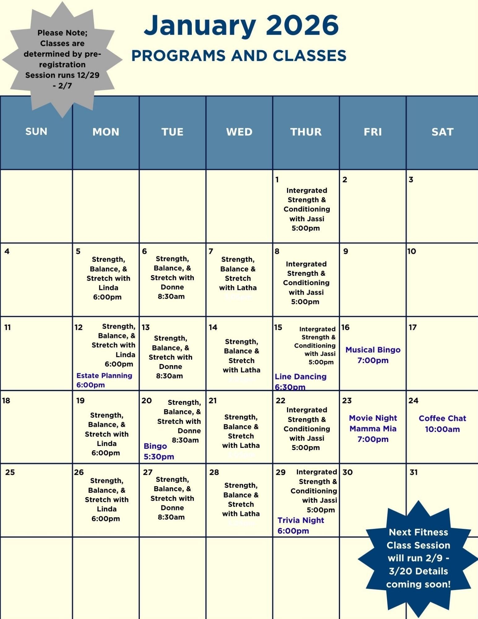 A calendar showing programs and classes
