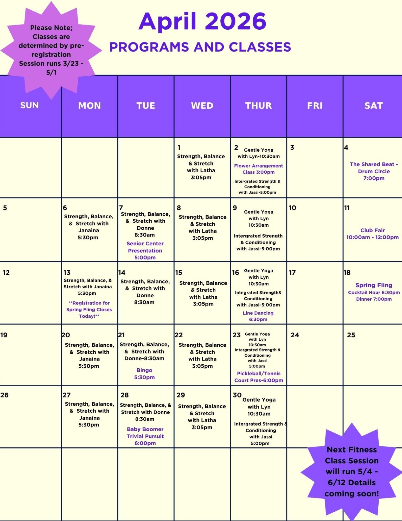 A calendar showing programs and classes