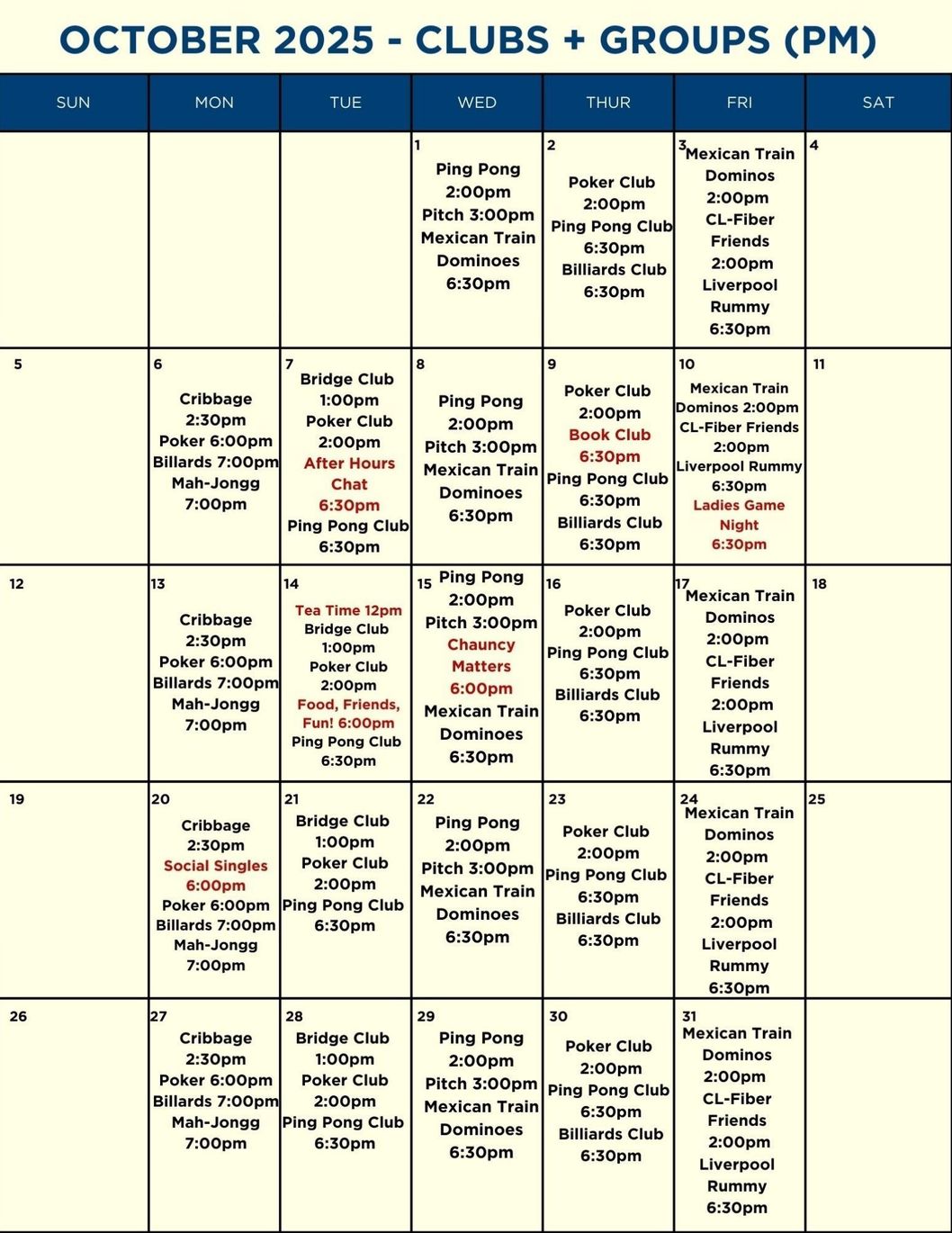 A calendar for July 2025 shows clubs and groups