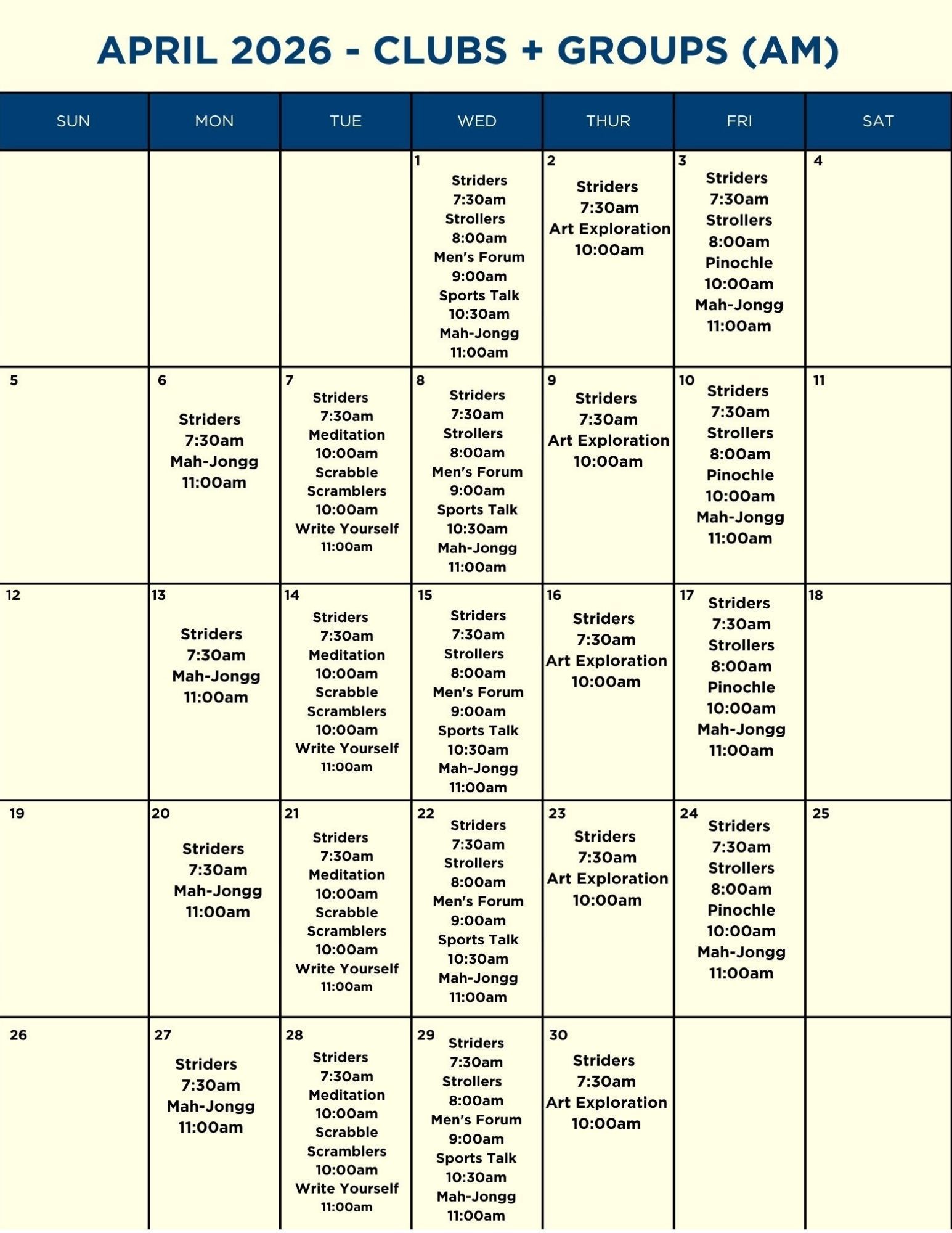 A calendar for shows clubs and groups