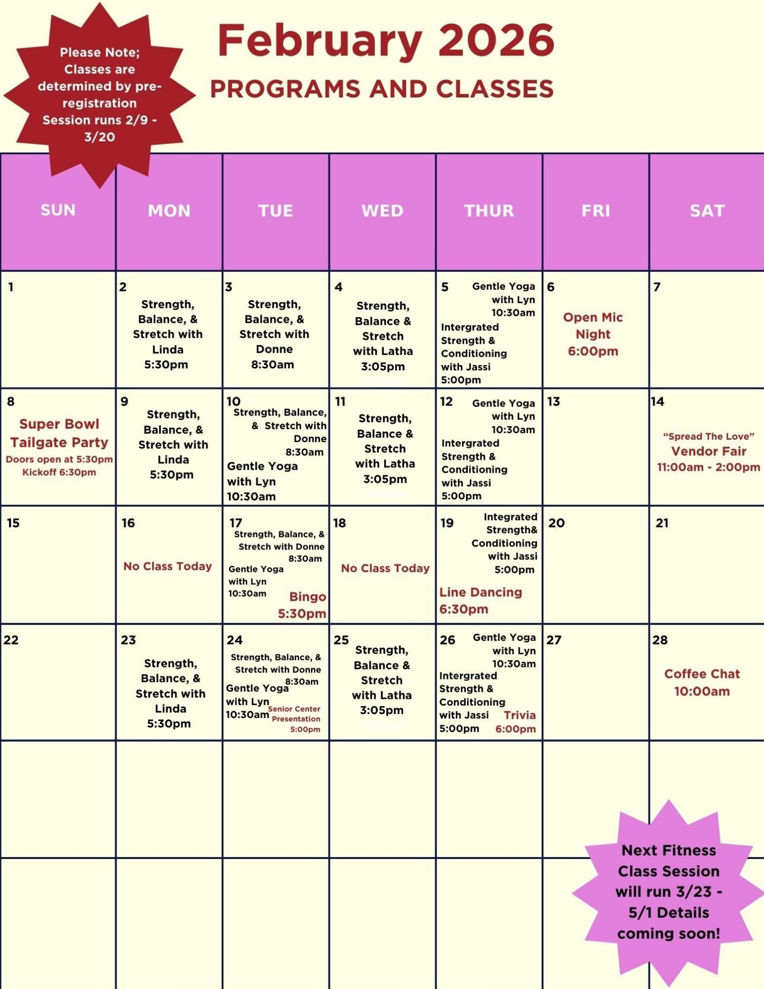 A calendar showing programs and classes