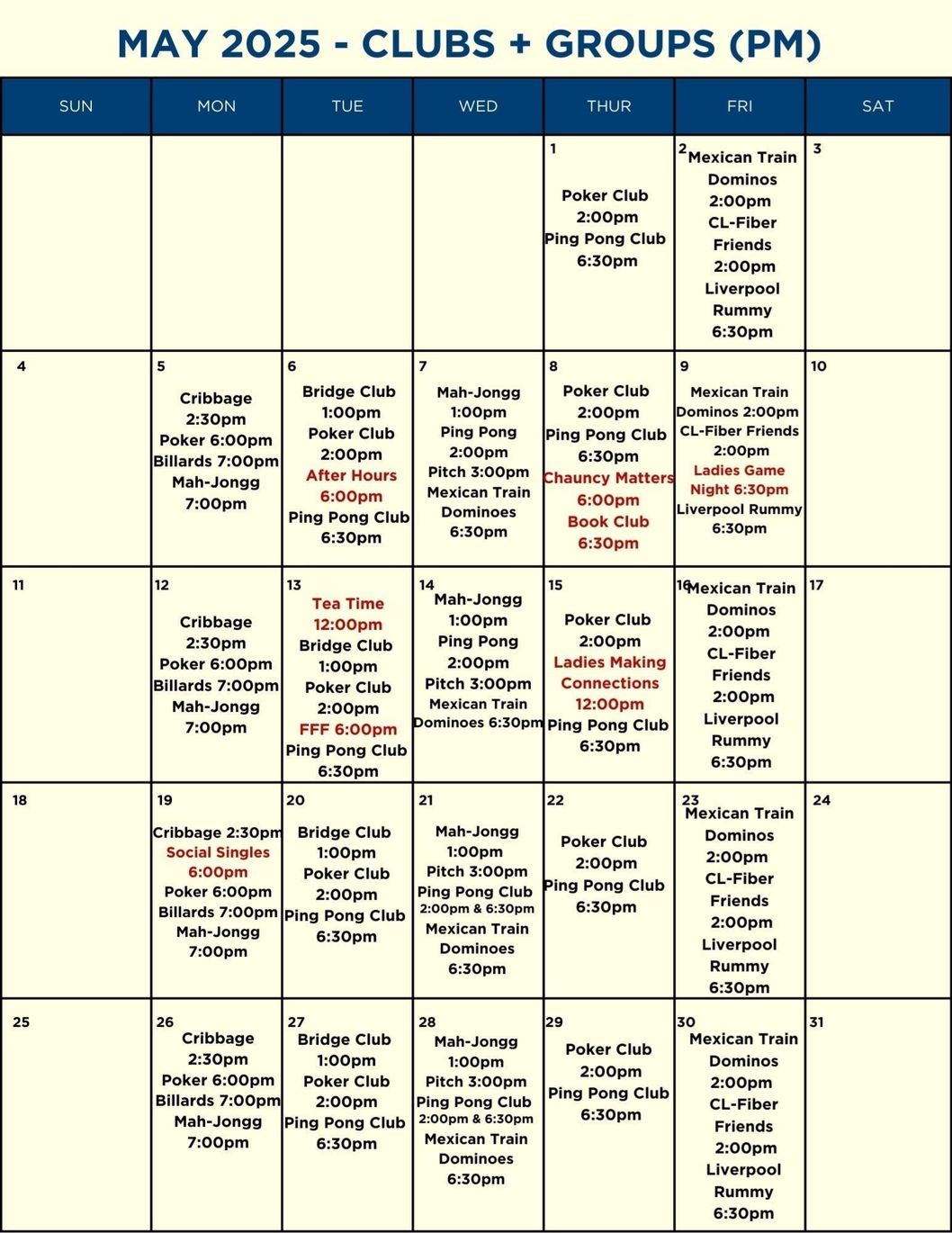 A calendar for december 2024 shows clubs and groups