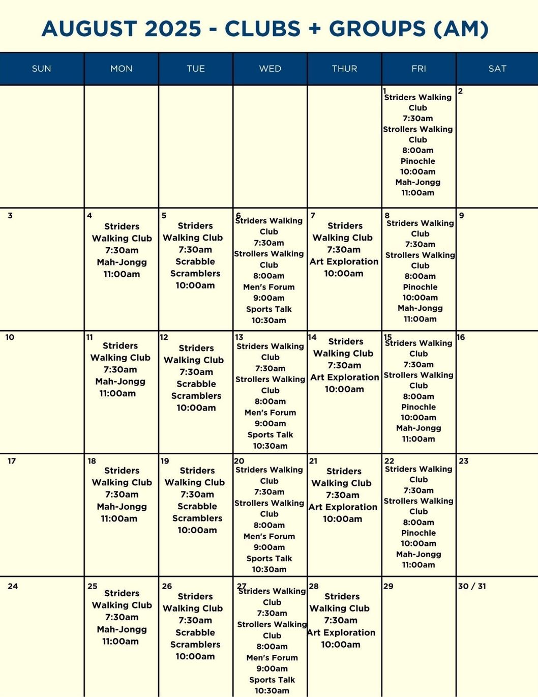 A calendar for shows clubs and groups