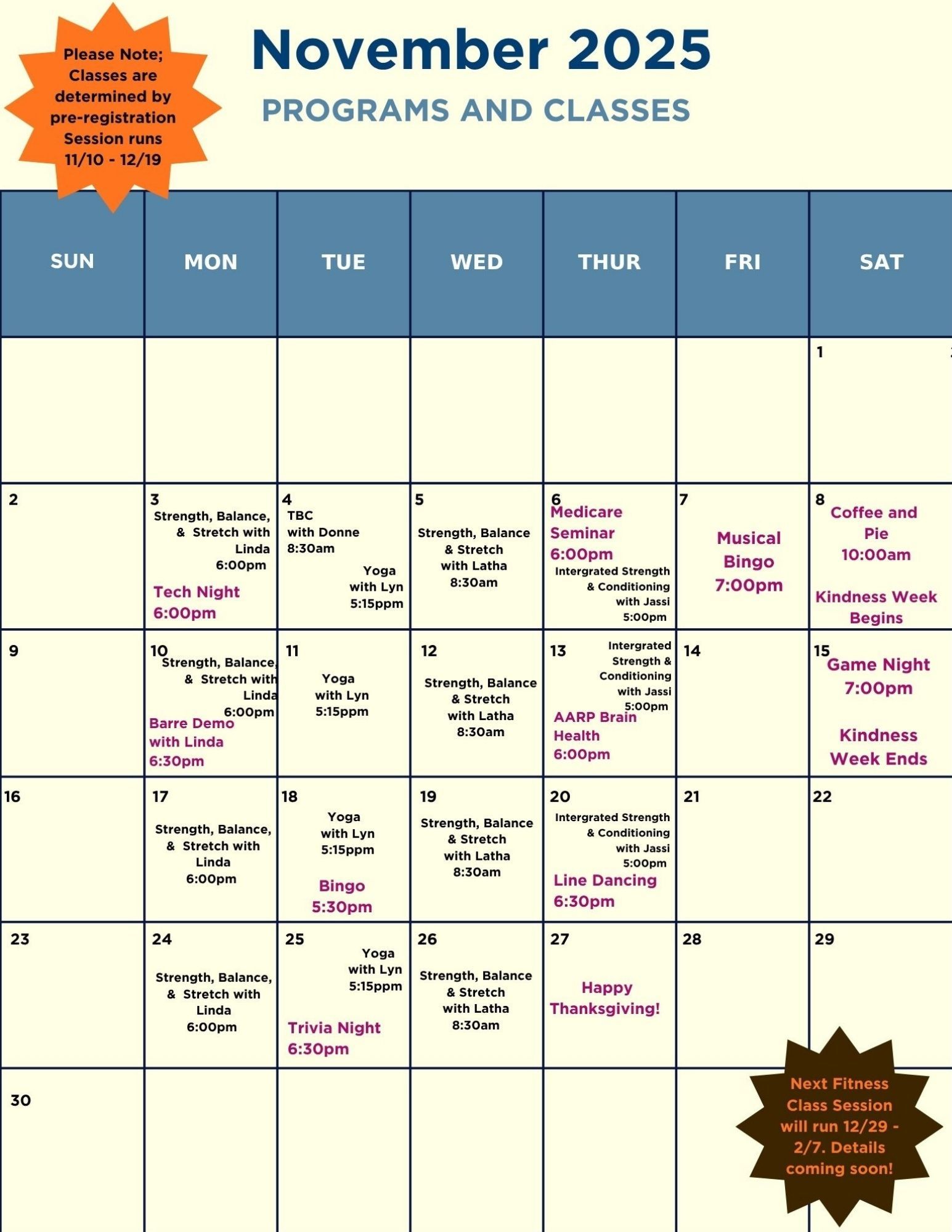A calendar showing programs and classes