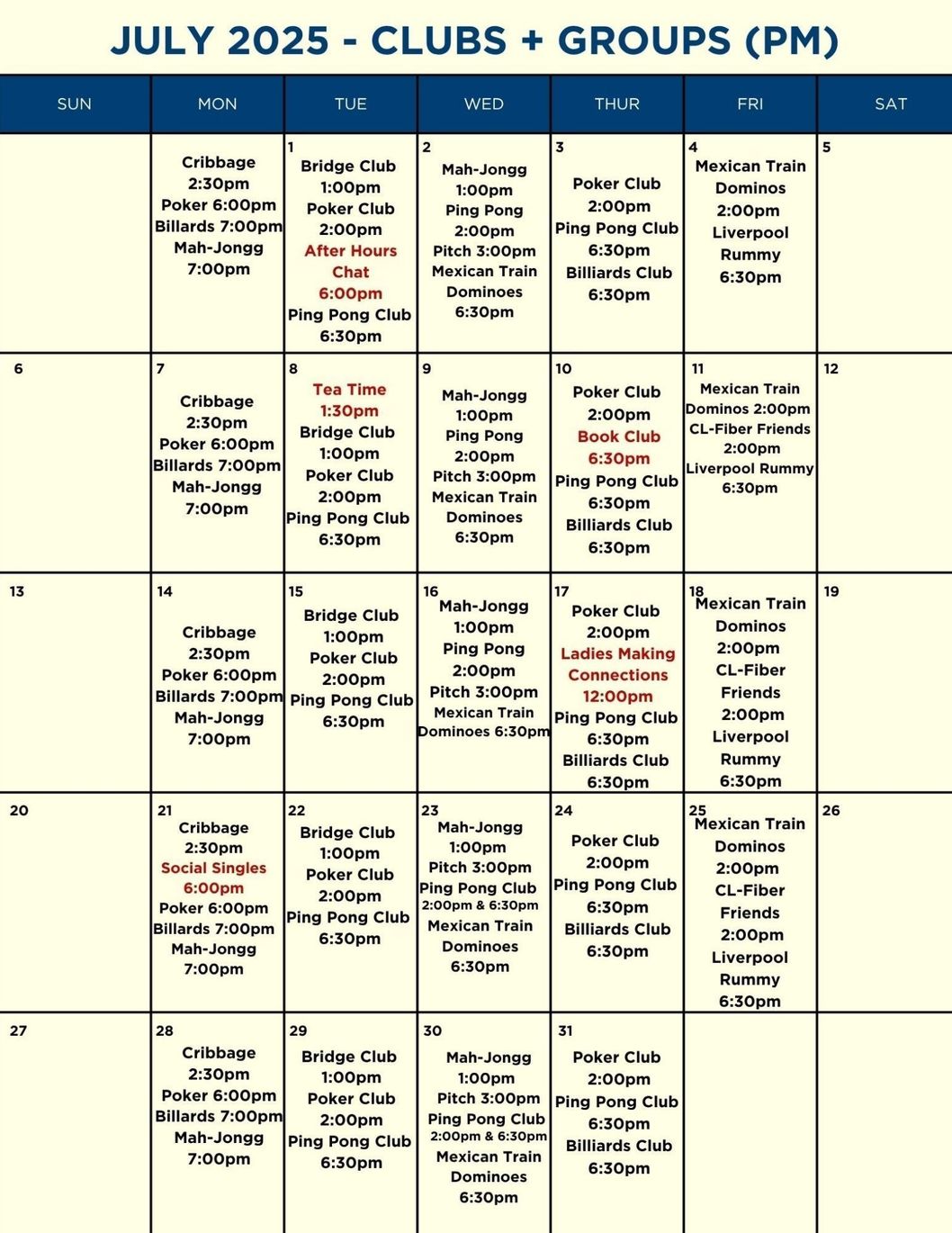 A calendar for July 2025 shows clubs and groups