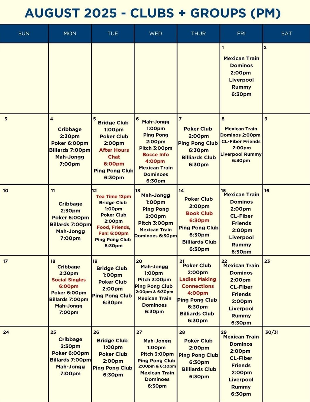 A calendar for July 2025 shows clubs and groups