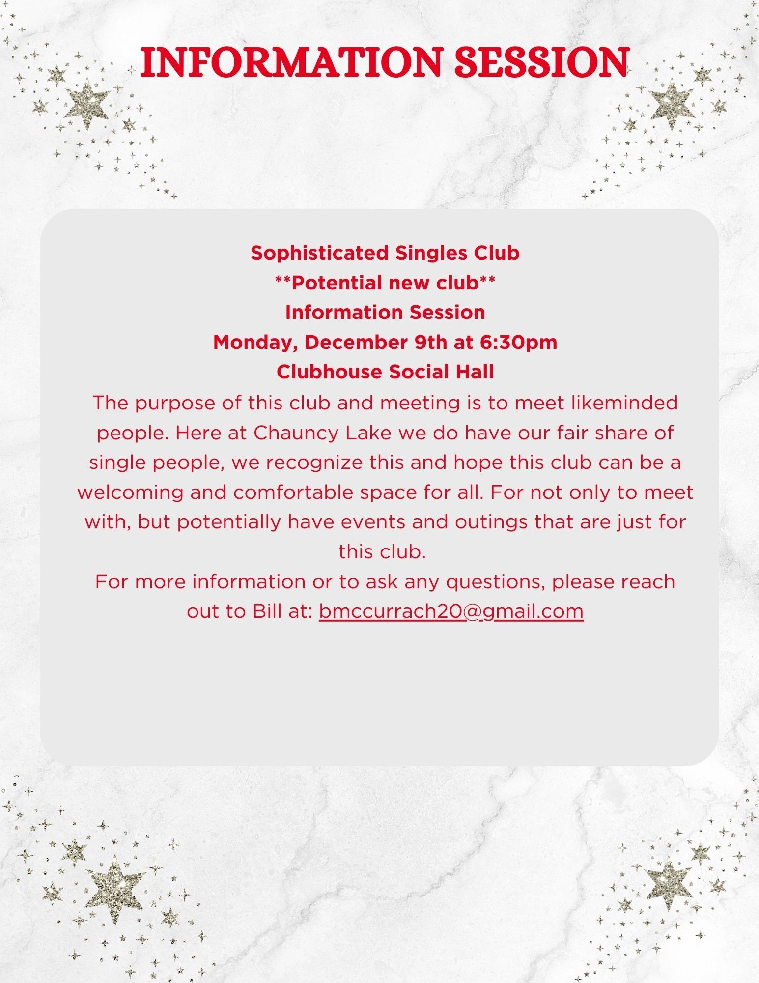 A poster for an information session for sophisticated singles club