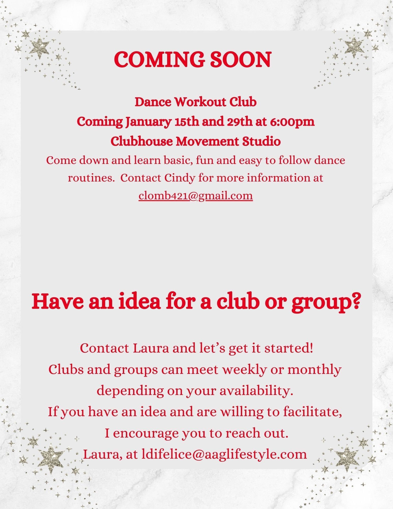 A flyer for a dance workout club that is coming soon