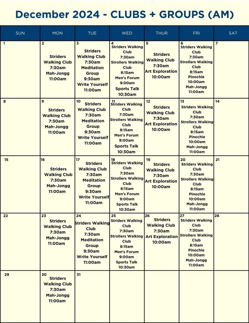 A calendar for december 2024 shows clubs and groups