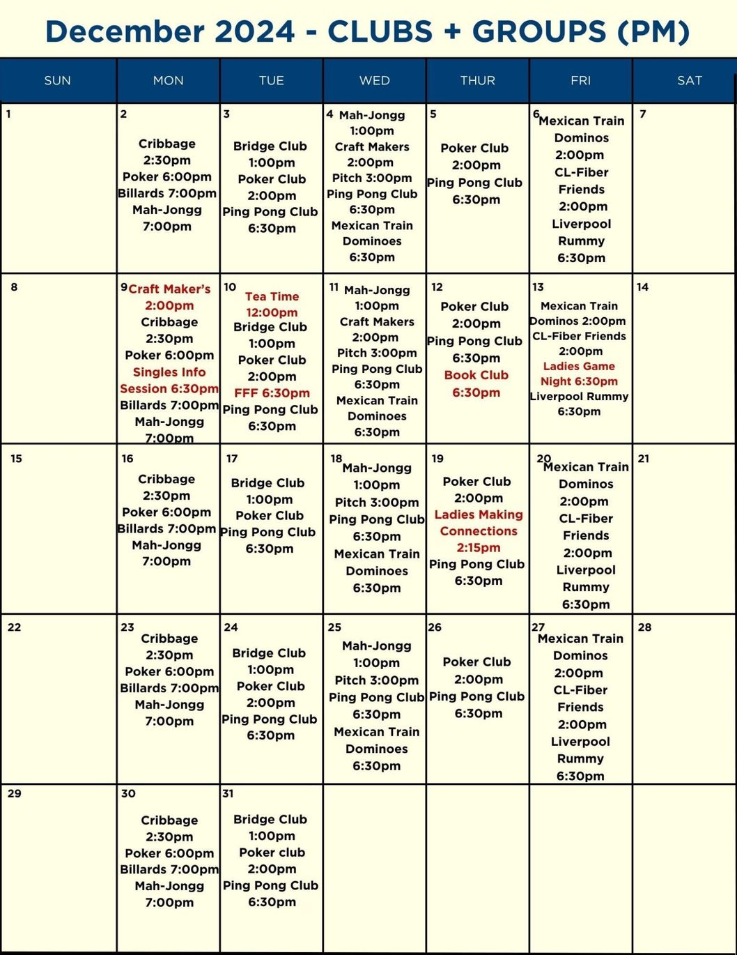 A calendar for december 2024 shows clubs and groups